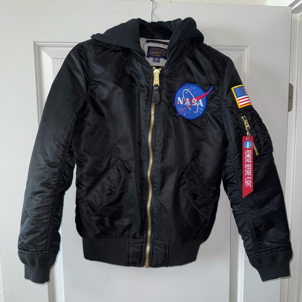 Alpha Industries MA-1 Hooded NASA Black Bomber Jacket Size Small